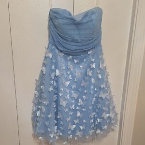 Elegant Strapless Blue Dress with Butterfly Accents